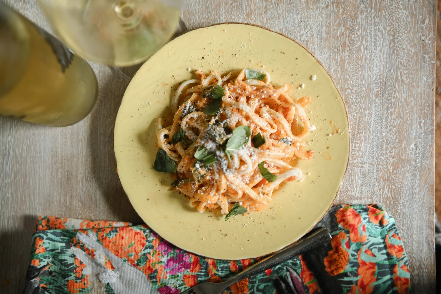 Fresh pasta dish with wine — local food ordering through Recipe Route